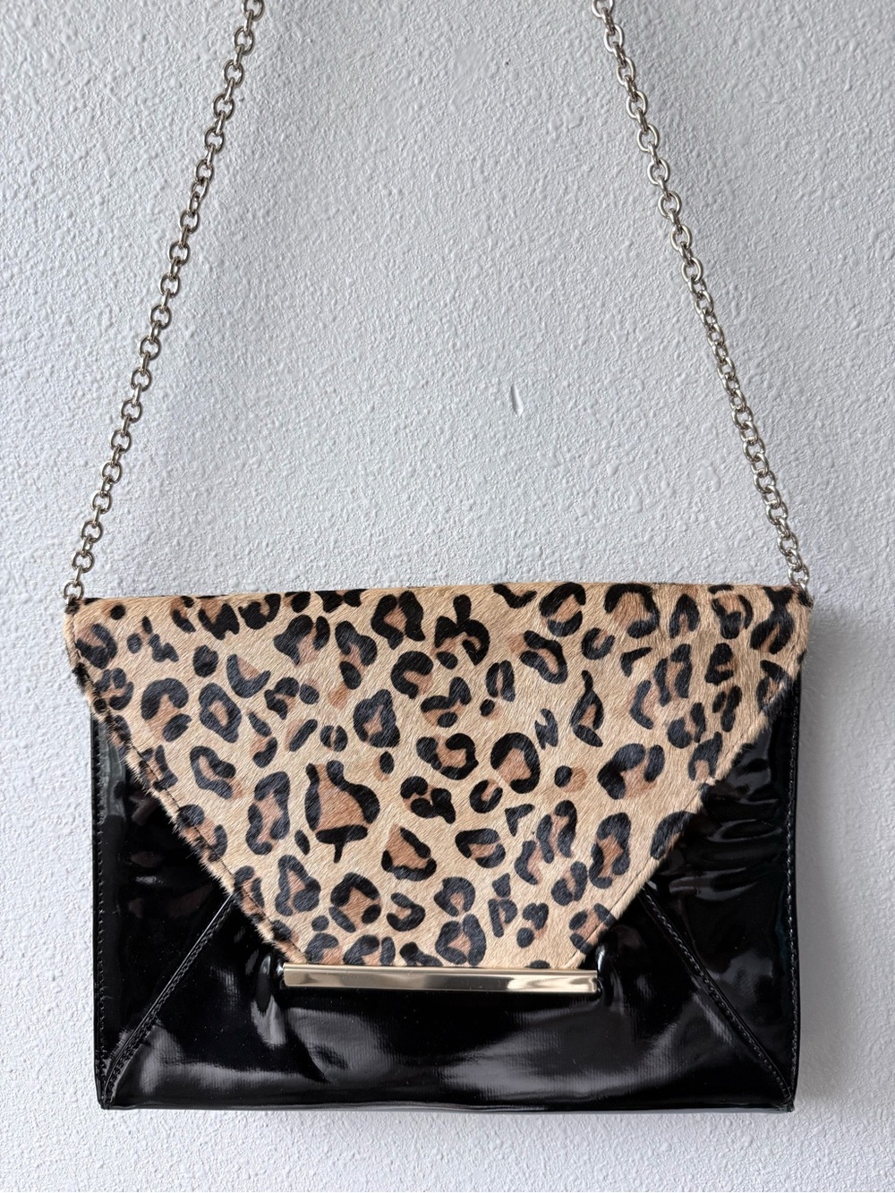 Aldo Leopard Print Flap Envelop Bag with Black Patent Body Hair on Hide Clutch